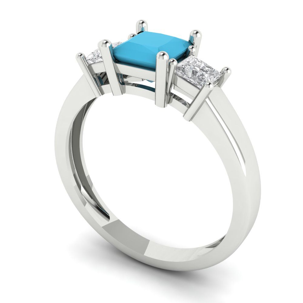 1.11 cttw Simulated Turquoise Three-Stone Engagement Ring - Solid White Gold (VVS1, Princess Cut,5.0mm)