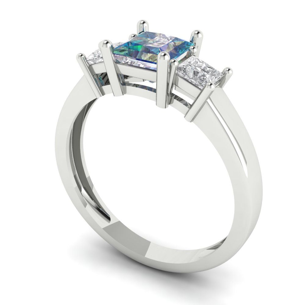 1.11 cttw Blue Moissanite Three-Stone Engagement Ring - Solid White Gold (VVS1, Princess Cut,5.0mm)