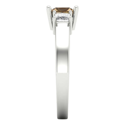 1.11 cttw Zirconia Simulated Champagne Diamond Three-Stone Engagement Ring - Solid White Gold (VVS1, Princess Cut,5.0mm)