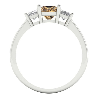 1.11 cttw Zirconia Simulated Champagne Diamond Three-Stone Engagement Ring - Solid White Gold (VVS1, Princess Cut,5.0mm)
