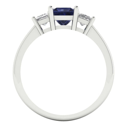 1.11 cttw Simulated Blue Sapphire Three-Stone Engagement Ring - Solid White Gold (VVS1, Princess Cut,5.0mm)