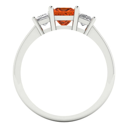 1.11 cttw Zirconia Simulated Red Diamond Three-Stone Engagement Ring - Solid White Gold (VVS1, Princess Cut,5.0mm)