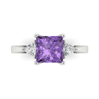 2.32 cttw Simulated Alexandrite Three-Stone Engagement Ring - Solid White Gold (VVS1, Princess Cut,7.0mm)