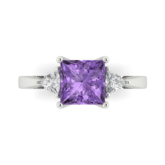 2.32 cttw Simulated Alexandrite Three-Stone Engagement Ring - Solid White Gold (VVS1, Princess Cut,7.0mm)