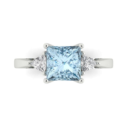 2.32 cttw Zirconia Simulated Blue Diamond Three-Stone Engagement Ring - Solid White Gold (VVS1, Princess Cut,7.0mm)