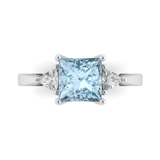 2.32 cttw Zirconia Simulated Blue Diamond Three-Stone Engagement Ring - Solid White Gold (VVS1, Princess Cut,7.0mm)