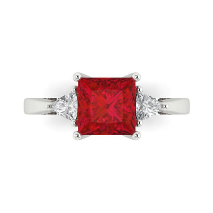 2.32 cttw Simulated Ruby Three-Stone Engagement Ring - Solid White Gold (VVS1, Princess Cut,7.0mm)
