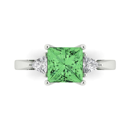 2.32 cttw Zirconia Simulated Green Diamond Three-Stone Engagement Ring - Solid White Gold (VVS1, Princess Cut,7.0mm)