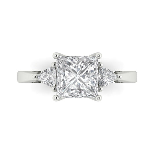 2.32 cttw Moissanite Three-Stone Engagement Ring - Solid White Gold (VVS1, Princess Cut,7.0mm)