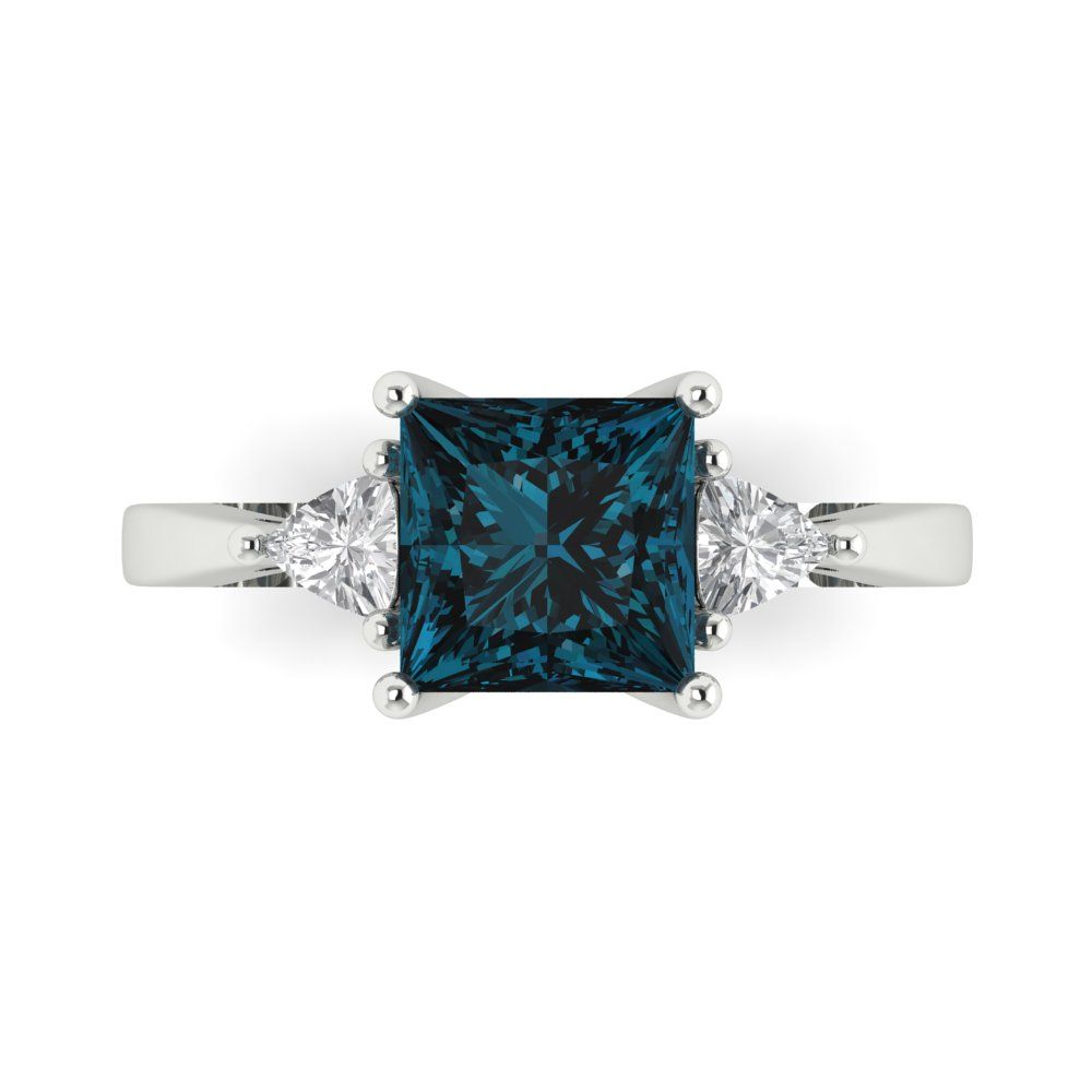 2.32 cttw Natural London Blue Topaz Three-Stone Engagement Ring - Solid White Gold (VVS1, Princess Cut,7.0mm)