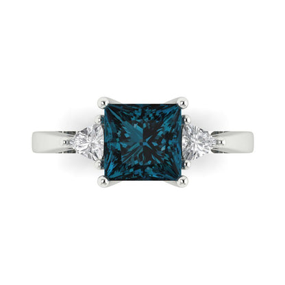 2.32 cttw Natural London Blue Topaz Three-Stone Engagement Ring - Solid White Gold (VVS1, Princess Cut,7.0mm)