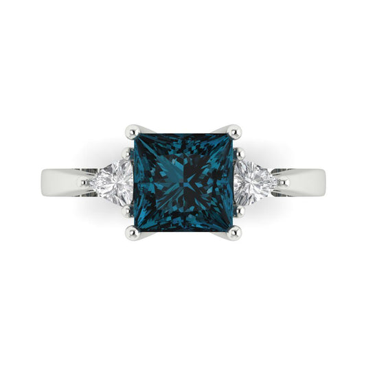 2.32 cttw Natural London Blue Topaz Three-Stone Engagement Ring - Solid White Gold (VVS1, Princess Cut,7.0mm)