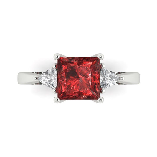 2.32 cttw Natural Garnet Three-Stone Engagement Ring - Solid White Gold (VVS1, Princess Cut,7.0mm)