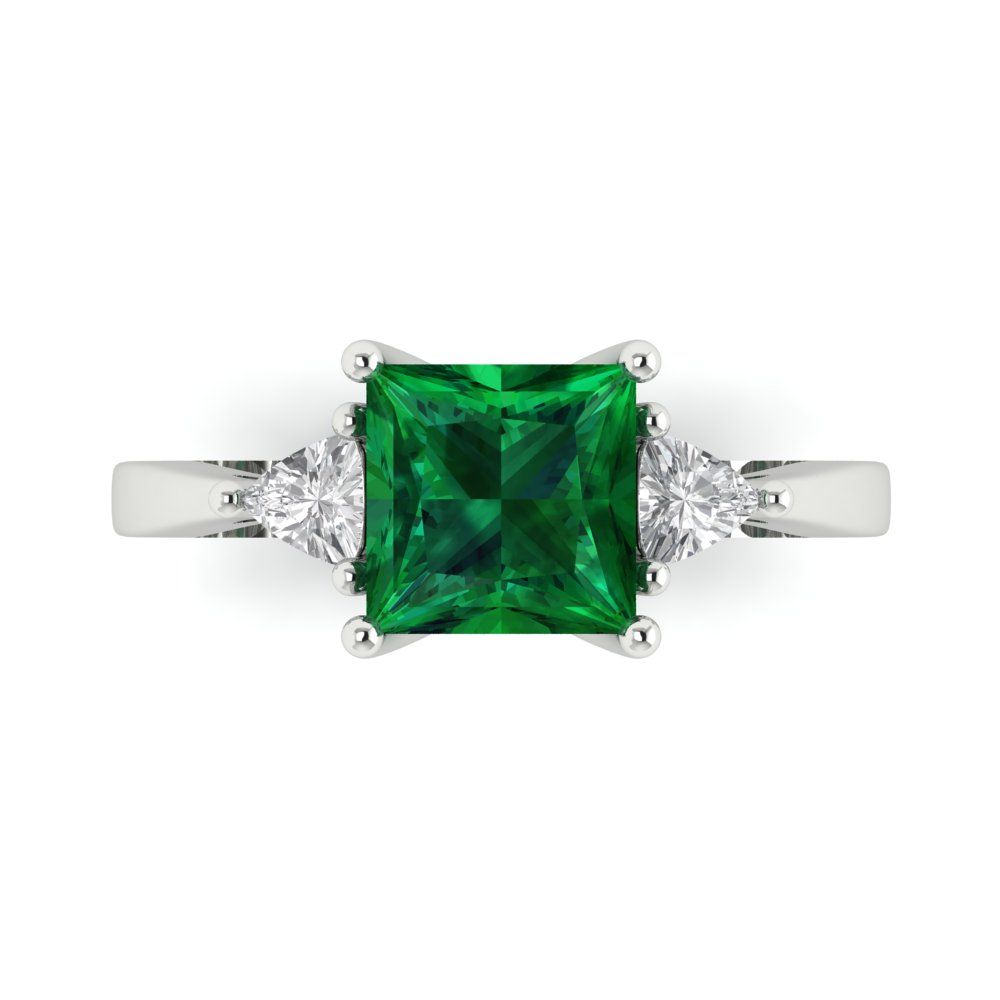 2.32 cttw Simulated Emerald Three-Stone Engagement Ring - Solid White Gold (VVS1, Princess Cut,7.0mm)