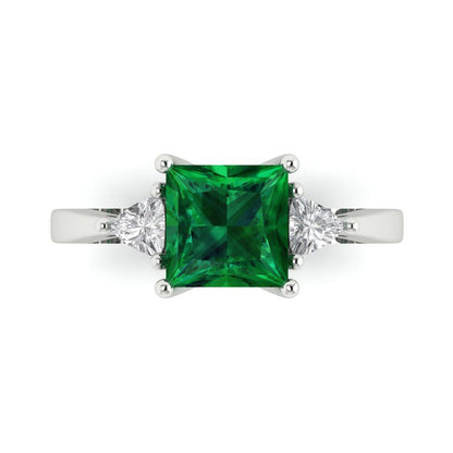 2.32 cttw Simulated Emerald Three-Stone Engagement Ring - Solid White Gold (VVS1, Princess Cut,7.0mm)