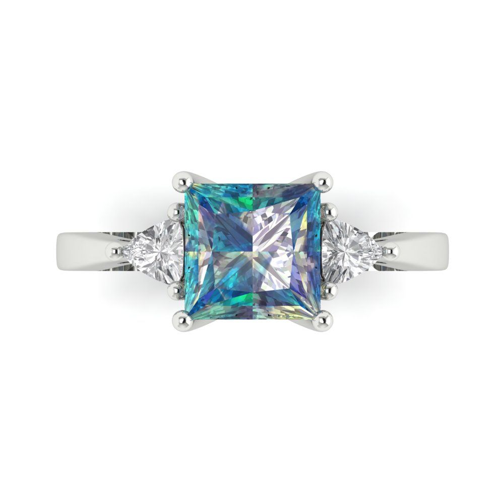 2.32 cttw Blue Moissanite Three-Stone Engagement Ring - Solid White Gold (VVS1, Princess Cut,7.0mm)