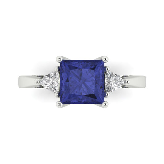 2.32 cttw Simulated Tanzanite Three-Stone Engagement Ring - Solid White Gold (VVS1, Princess Cut,7.0mm)