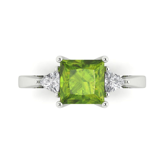 2.32 cttw Natural Peridot Three-Stone Engagement Ring - Solid White Gold (VVS1, Princess Cut,7.0mm)