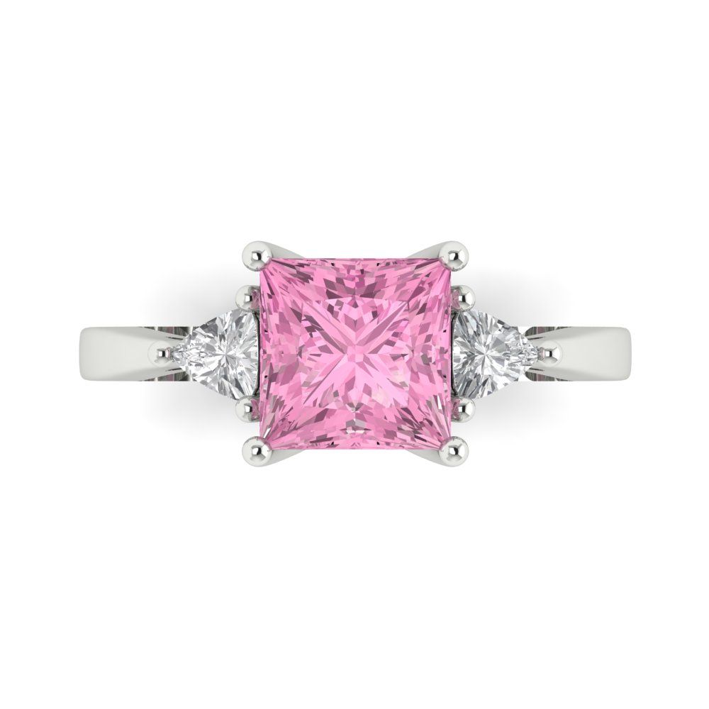 2.32 cttw Zirconia Simulated Pink Diamond Three-Stone Engagement Ring - Solid White Gold (VVS1, Princess Cut,7.0mm)