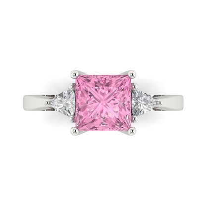 2.32 cttw Zirconia Simulated Pink Diamond Three-Stone Engagement Ring - Solid White Gold (VVS1, Princess Cut,7.0mm)