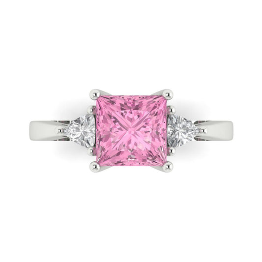 2.32 cttw Zirconia Simulated Pink Diamond Three-Stone Engagement Ring - Solid White Gold (VVS1, Princess Cut,7.0mm)