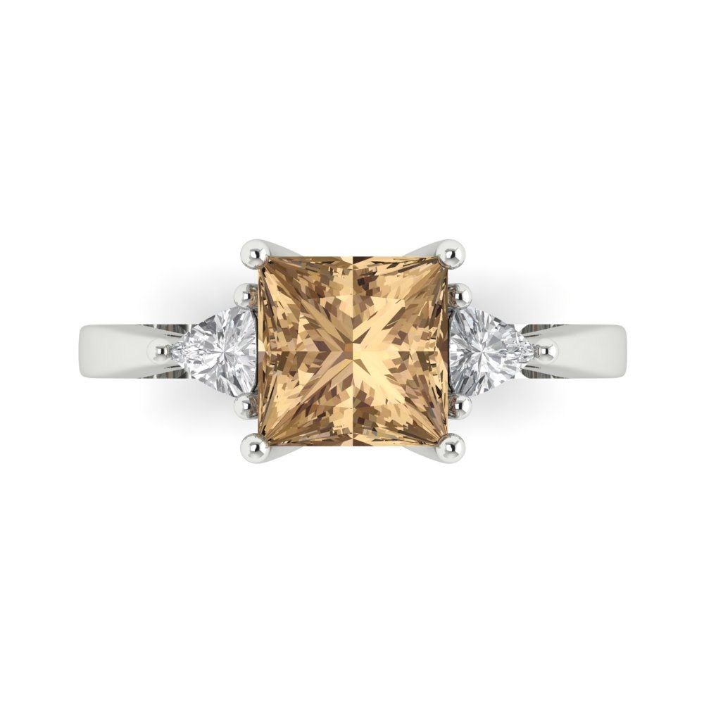 2.32 cttw Zirconia Simulated Champagne Diamond Three-Stone Engagement Ring - Solid White Gold (VVS1, Princess Cut,7.0mm)