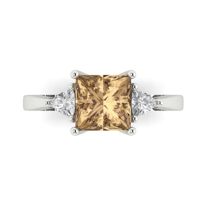 2.32 cttw Zirconia Simulated Champagne Diamond Three-Stone Engagement Ring - Solid White Gold (VVS1, Princess Cut,7.0mm)