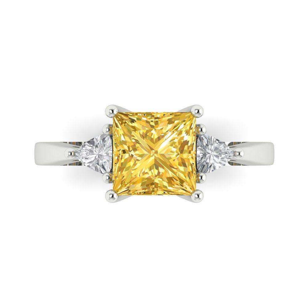 2.32 cttw Zirconia Simulated Yellow Diamond Three-Stone Engagement Ring - Solid White Gold (VVS1, Princess Cut,7.0mm)