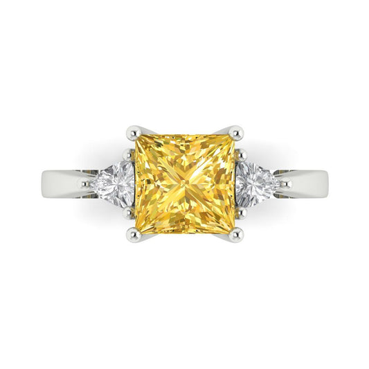 2.32 cttw Zirconia Simulated Yellow Diamond Three-Stone Engagement Ring - Solid White Gold (VVS1, Princess Cut,7.0mm)