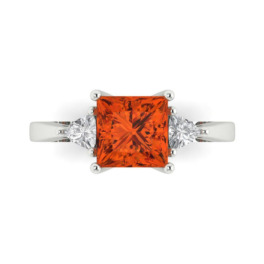 2.32 cttw Zirconia Simulated Red Diamond Three-Stone Engagement Ring - Solid White Gold (VVS1, Princess Cut,7.0mm)