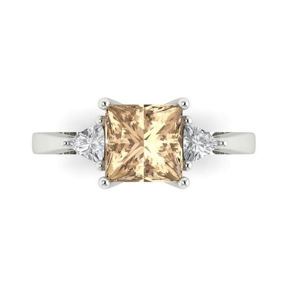 2.32 cttw Yellow Moissanite Three-Stone Engagement Ring - Solid White Gold (VVS1, Princess Cut,7.0mm)