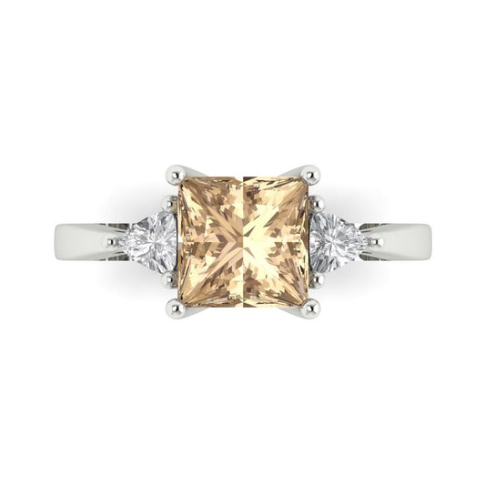 2.32 cttw Yellow Moissanite Three-Stone Engagement Ring - Solid White Gold (VVS1, Princess Cut,7.0mm)