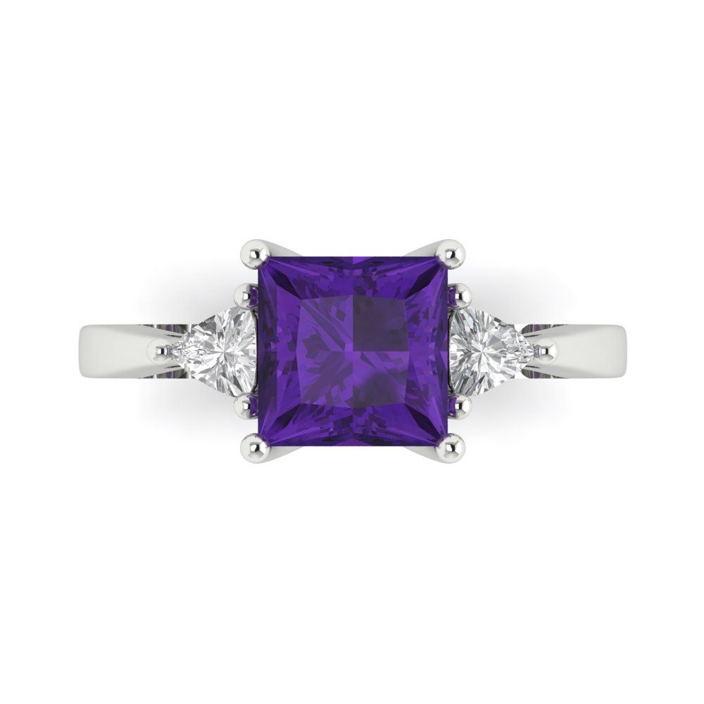 2.32 cttw Natural Amethyst Three-Stone Engagement Ring - Solid White Gold (VVS1, Princess Cut,7.0mm)