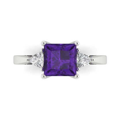 2.32 cttw Natural Amethyst Three-Stone Engagement Ring - Solid White Gold (VVS1, Princess Cut,7.0mm)