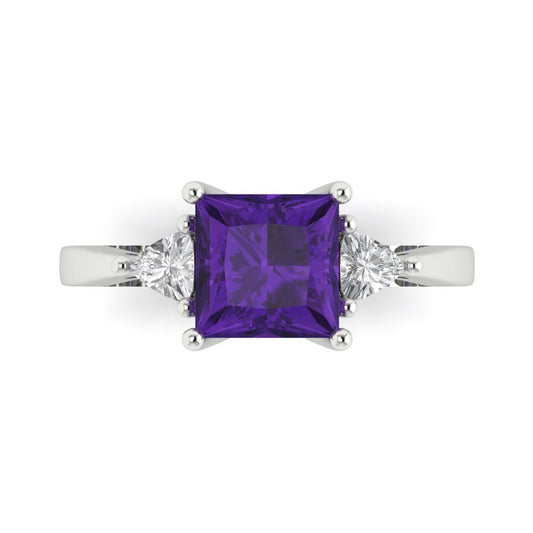 2.32 cttw Natural Amethyst Three-Stone Engagement Ring - Solid White Gold (VVS1, Princess Cut,7.0mm)
