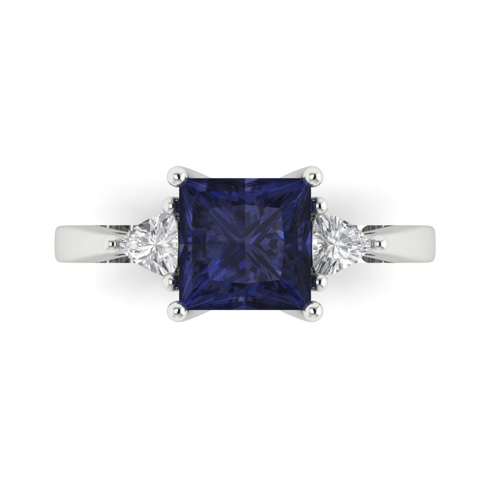 2.32 cttw Simulated Blue Sapphire Three-Stone Engagement Ring - Solid Gold (Princess Cut,7.0mm)
