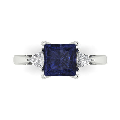 2.32 cttw Simulated Blue Sapphire Three-Stone Engagement Ring - Solid Gold (Princess Cut,7.0mm)