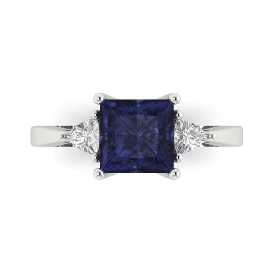 2.32 cttw Simulated Blue Sapphire Three-Stone Engagement Ring - Solid White Gold (VVS1, Princess Cut,7.0mm)