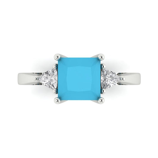 2.32 cttw Simulated Turquoise Three-Stone Engagement Ring - Solid White Gold (VVS1, Princess Cut,7.0mm)