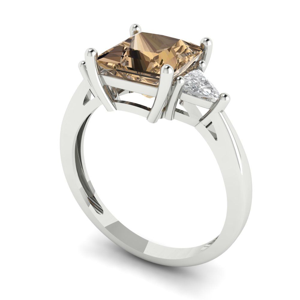 2.32 cttw Zirconia Simulated Champagne Diamond Three-Stone Engagement Ring - Solid White Gold (VVS1, Princess Cut,7.0mm)