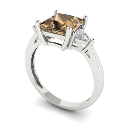 2.32 cttw Zirconia Simulated Champagne Diamond Three-Stone Engagement Ring - Solid White Gold (VVS1, Princess Cut,7.0mm)