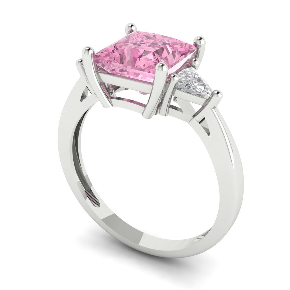 2.32 cttw Zirconia Simulated Pink Diamond Three-Stone Engagement Ring - Solid White Gold (VVS1, Princess Cut,7.0mm)