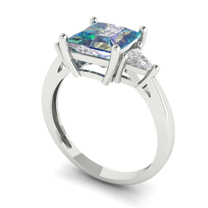 2.32 cttw Blue Moissanite Three-Stone Engagement Ring - Solid White Gold (VVS1, Princess Cut,7.0mm)