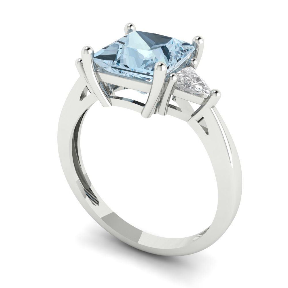 2.32 cttw Natural Aquamarine Three-Stone Engagement Ring - Solid Gold (Princess Cut,7.0mm)