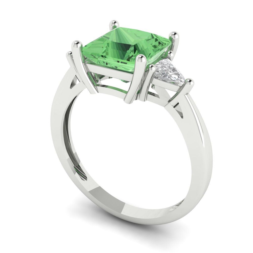 2.32 cttw Zirconia Simulated Green Diamond Three-Stone Engagement Ring - Solid White Gold (VVS1, Princess Cut,7.0mm)