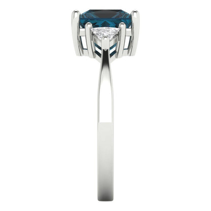 2.32 cttw Natural London Blue Topaz Three-Stone Engagement Ring - Solid White Gold (VVS1, Princess Cut,7.0mm)