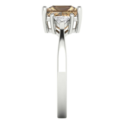 2.32 cttw Zirconia Simulated Champagne Diamond Three-Stone Engagement Ring - Solid White Gold (VVS1, Princess Cut,7.0mm)