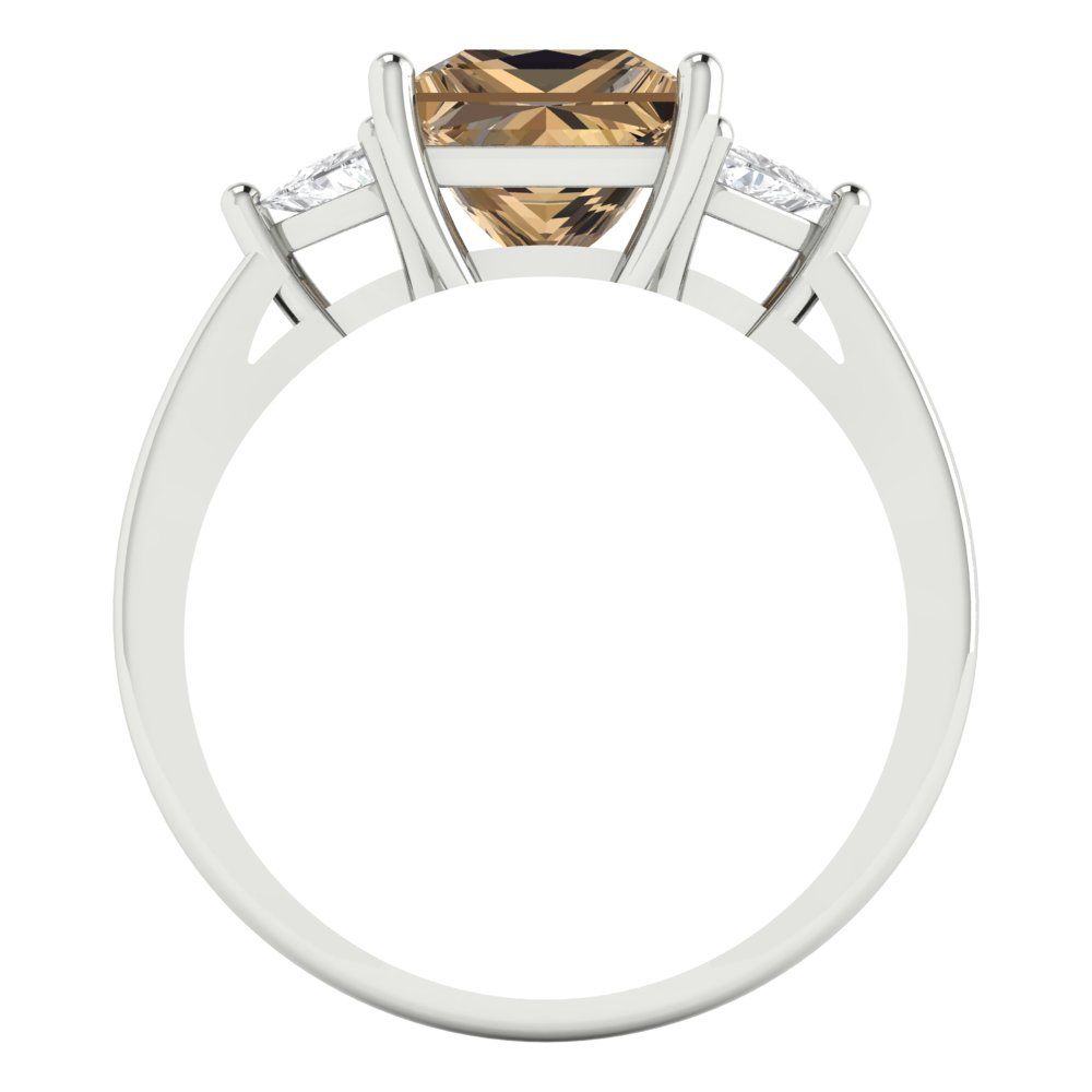 2.32 cttw Zirconia Simulated Champagne Diamond Three-Stone Engagement Ring - Solid White Gold (VVS1, Princess Cut,7.0mm)