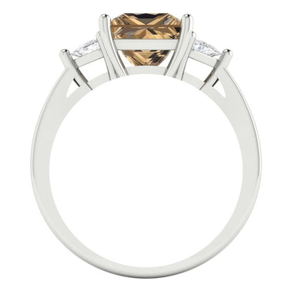 2.32 cttw Zirconia Simulated Champagne Diamond Three-Stone Engagement Ring - Solid White Gold (VVS1, Princess Cut,7.0mm)