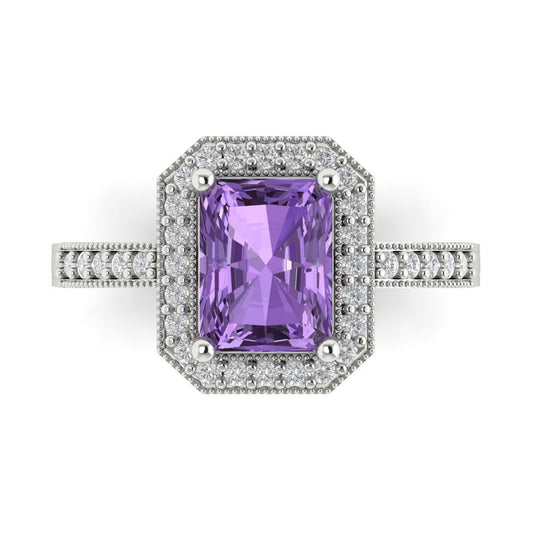 2.78 cttw Simulated Alexandrite Hidden Halo Engagement Ring - Solid White Gold (VVS1, Emerald Cut,8.5x6.5mm)